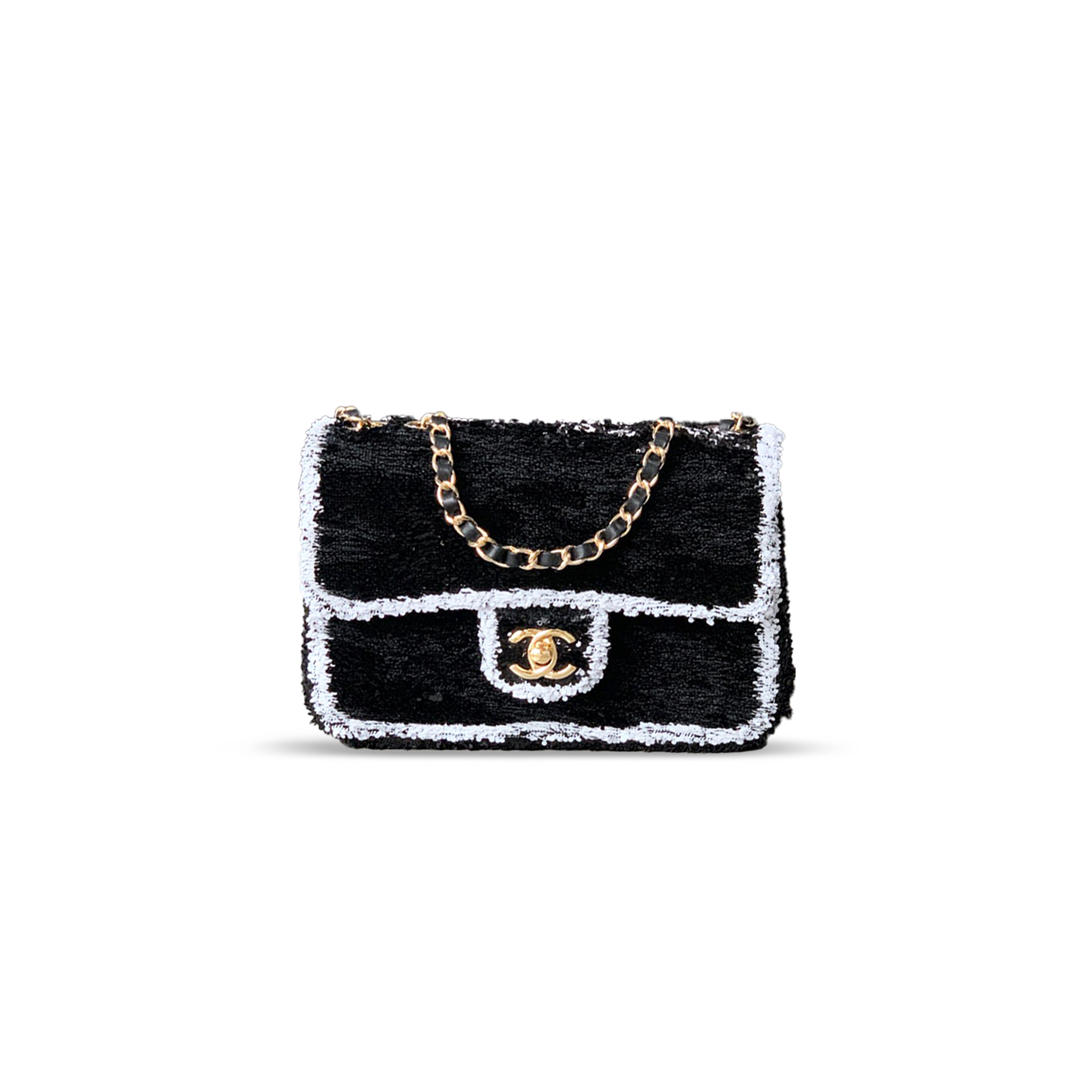 Ch*el classic flap bag sequins & gold metal black 296135 (20*13*7cm)
